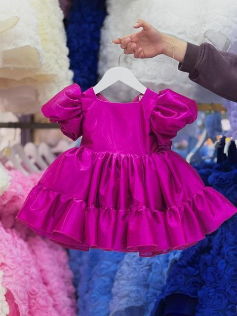 Fuşya Balon Kollu Özel Gün Elbisesi,Doğum günü elbise,fotoğraf çekim elbise,0-13 Yaş Uygun