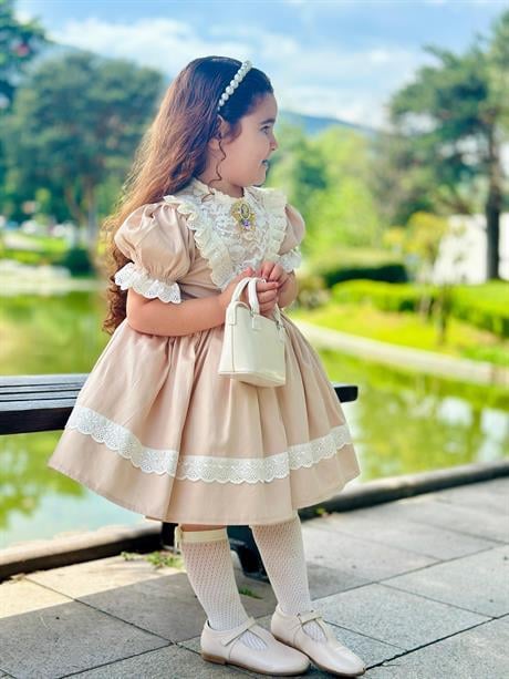 Kapiçino Dantelli Vintage Kız Bebek Elbisesi,Doğum günü,fotoğraf çekim elbise,0-12 Yaş Uygun