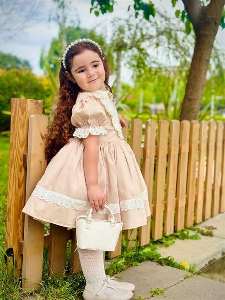 Kapiçino Dantelli Vintage Kız Bebek Elbisesi,Doğum günü,fotoğraf çekim elbise,0-12 Yaş Uygun