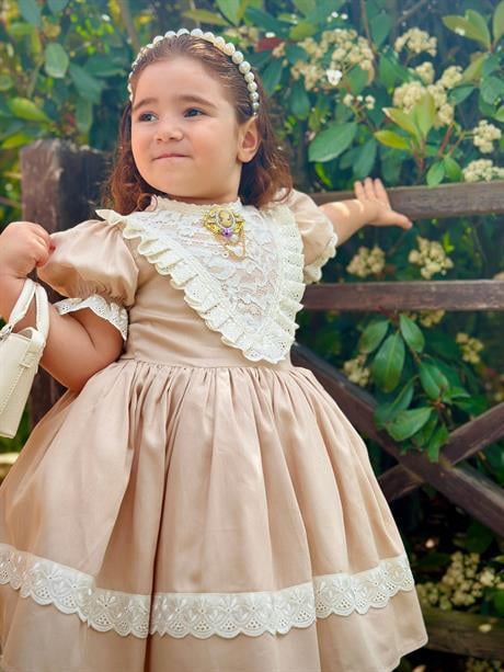 Kapiçino Dantelli Vintage Kız Bebek Elbisesi,Doğum günü,fotoğraf çekim elbise,0-12 Yaş Uygun
