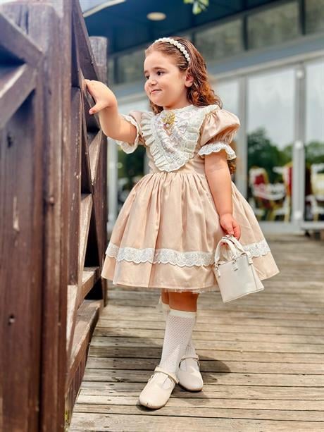 Kapiçino Dantelli Vintage Kız Bebek Elbisesi,Doğum günü,fotoğraf çekim elbise,0-12 Yaş Uygun