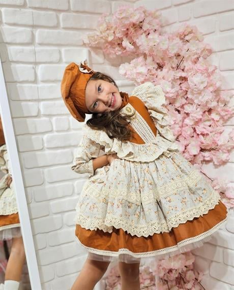 Kapuçino Çiçekli Vintage Kız Bebek Elbisesi,Doğum günü,fotoğraf çekim elbise,0-12 Yaş Uygun