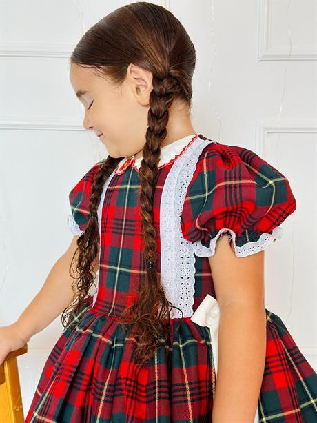Kırmızı Yakası Çiçekli Ekose Kız Bebek Elbisesi, Özel Dikim Kız Çocuk Elbisesi, Doğum günü elbisesi, fotoğraf çekim elbisesi, Kız Bebek Hediyesi, 0-12 Yaşa Uygun