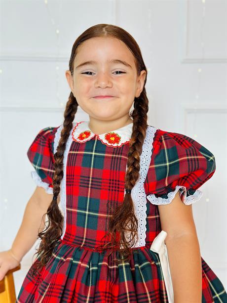 Kırmızı Yakası Çiçekli Ekose Kız Bebek Elbisesi, Özel Dikim Kız Çocuk Elbisesi, Doğum günü elbisesi, fotoğraf çekim elbisesi, Kız Bebek Hediyesi, 0-12 Yaşa Uygun