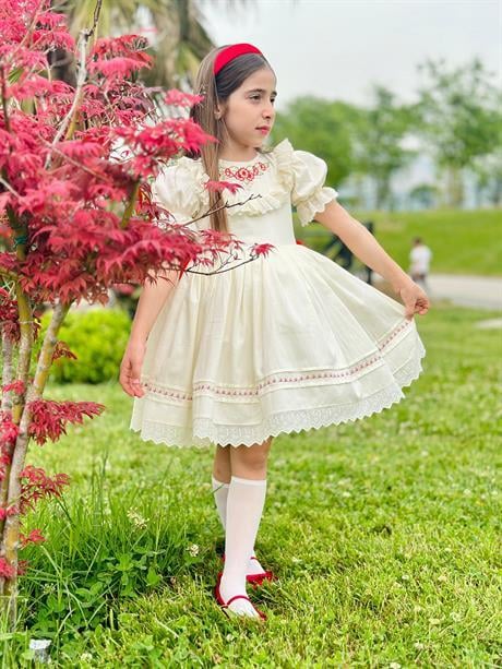 Krem Kırmızı Kurdaleli Vintage Kız Bebek Elbisesi,Doğum günü,fotoğraf çekim elbisesi,0-12Yaşa Uygun