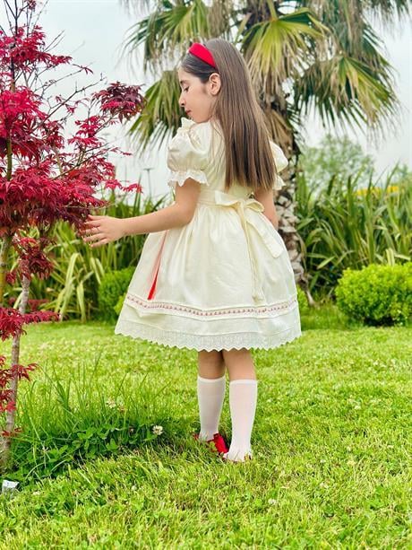 Krem Kırmızı Kurdaleli Vintage Kız Bebek Elbisesi,Doğum günü,fotoğraf çekim elbisesi,0-12Yaşa Uygun