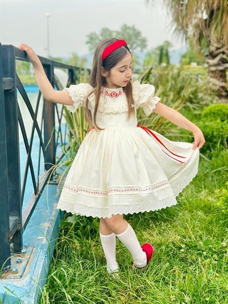Krem Kırmızı Kurdaleli Vintage Kız Bebek Elbisesi,Doğum günü,fotoğraf çekim elbisesi,0-12Yaşa Uygun