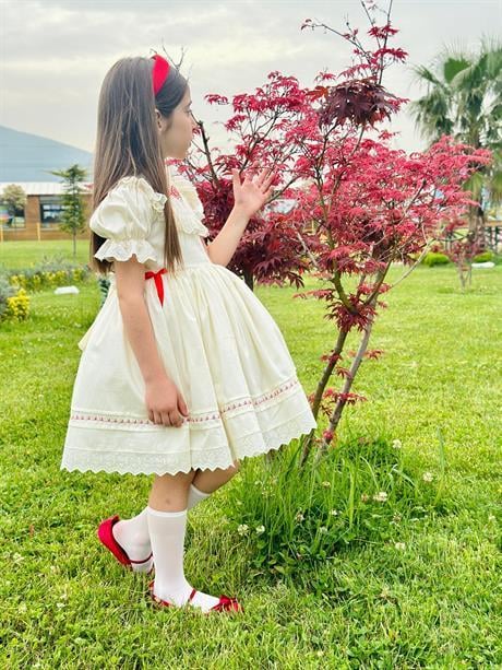 Krem Kırmızı Kurdaleli Vintage Kız Bebek Elbisesi,Doğum günü,fotoğraf çekim elbisesi,0-12Yaşa Uygun