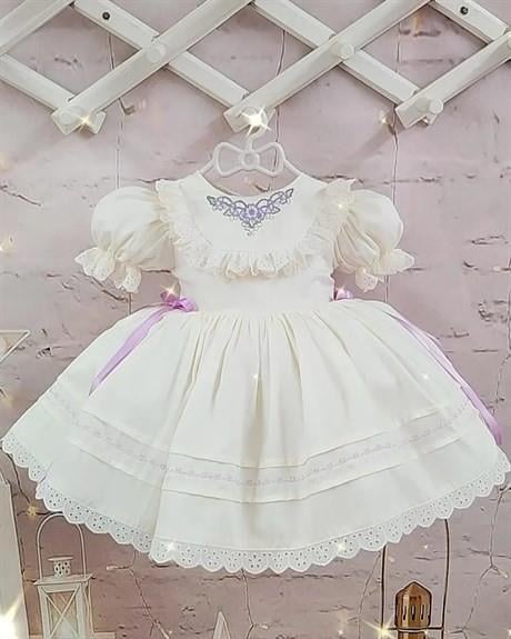 Krem Lila Kurdaleli Vintage Kız Bebek Doğum günü elbisesi,0-12 Yaşa Uygun