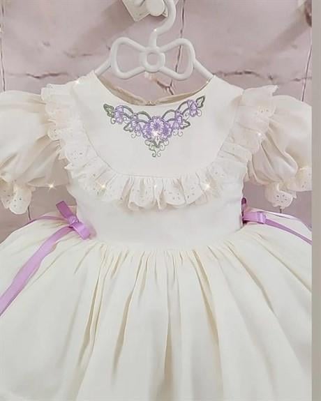 Krem Lila Kurdaleli Vintage Kız Bebek Doğum günü elbisesi,0-12 Yaşa Uygun