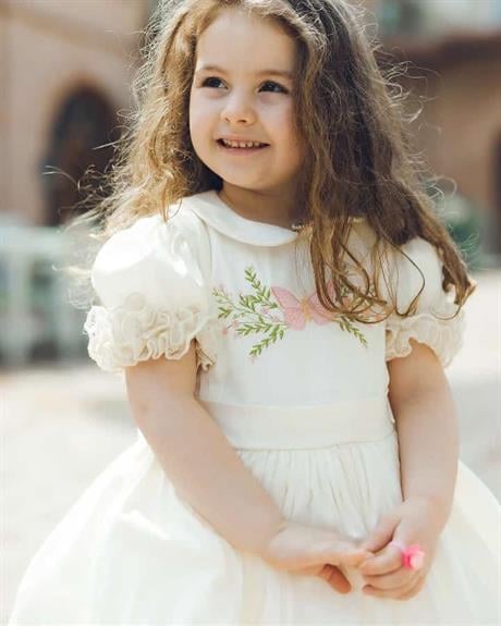 Krem Saten Nakışlı Kız Bebek Elbisesi,Özel Dikim Çocuk Elbisesi, Doğum günü elbisesi, 0-12 Yaş
