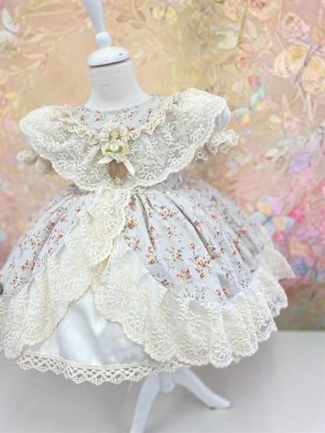Krem Vintage Kız Çocuk Elbise - Bayramlık Kıyafetler - Kız Çocuk Elbise Modelleri - 0-12 Yaşa Uygun