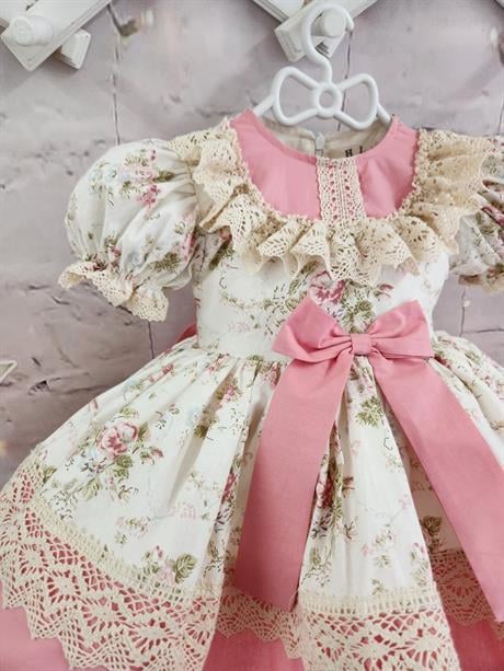 Krem Yeşil Dallı Vintage Kız Bebek Elbise,Doğum günü elbise, fotoğraf çekim elbise,0-12 Yaşa Uygun