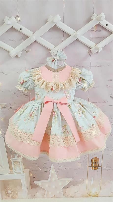 Mint Yeşili Somon Güllü Vintage Bebek Elbise,Doğum günü elbise,fotoğraf çekim elbise,0-12 Yaş Uygun