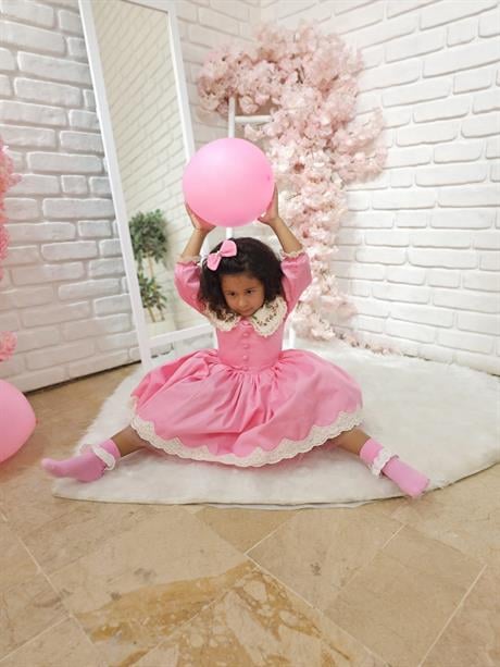 Pembe Çiçek Yakalı Kız Bebek Elbisesi,Doğum günü elbise,0-12 Yaşa Uygun
