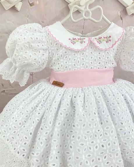 Pembe Kurdeleli Beyaz Kız Çocuğu Elbisesi - Prenses Model Elbise - Kız Çocuk Tüllü Elbise - Çocuk Elbisesi - 0-12 Yaşa Uygun