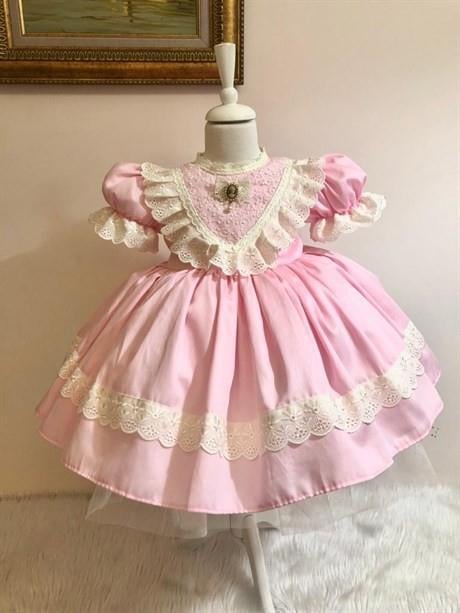 Pembe Saten Vintage Kız Bebek Elbisesi, Özel Dikim Kız Çocuk Elbisesi, Doğum günü elbisesi, fotoğraf çekim elbisesi, Kız Bebek Hediyesi, 0-12 Yaşa Uygun