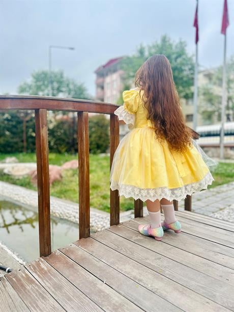 Sarı Ayıcıklı Kız Bebek Elbisesi,Doğum günü elbisesi, fotoğraf çekim elbisesi,0-12 Yaşa Uygun