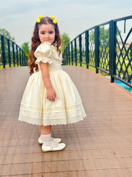 Sarı Kurdaleli Vintage Kız Bebek Elbise,Doğum günü elbise,fotoğraf çekim elbise,0-12 Yaş Uygun