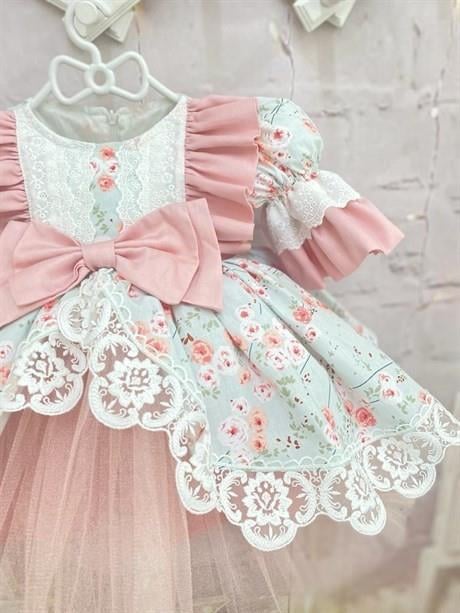 Somon Mint Çiçekli Vintage Elbise, Özel Dikim,Doğum günü ,fotoğraf çekimi,0-12 Yaşa Uygun