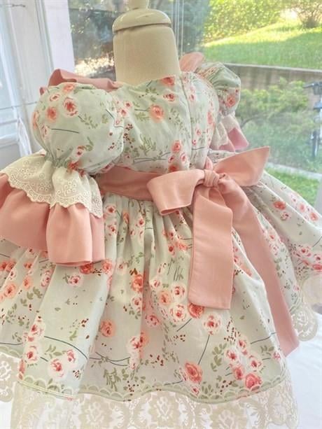 Somon Mint Çiçekli Vintage Kız Bebek Elbisesi, Özel Dikim Kız Çocuk Elbisesi, Doğum günü elbisesi, fotoğraf çekim elbisesi, Kız Bebek Hediyesi,0-12 Yaşa Uygun