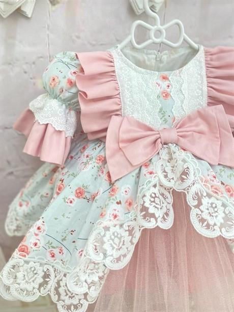 Somon Mint Çiçekli Vintage Kız Bebek Elbisesi, Özel Dikim Kız Çocuk Elbisesi, Doğum günü elbisesi, fotoğraf çekim elbisesi, Kız Bebek Hediyesi,0-12 Yaşa Uygun