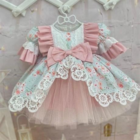 Somon Mint Çiçekli Vintage Kız Bebek Elbisesi, Özel Dikim Kız Çocuk Elbisesi, Doğum günü elbisesi, fotoğraf çekim elbisesi, Kız Bebek Hediyesi,0-12 Yaşa Uygun