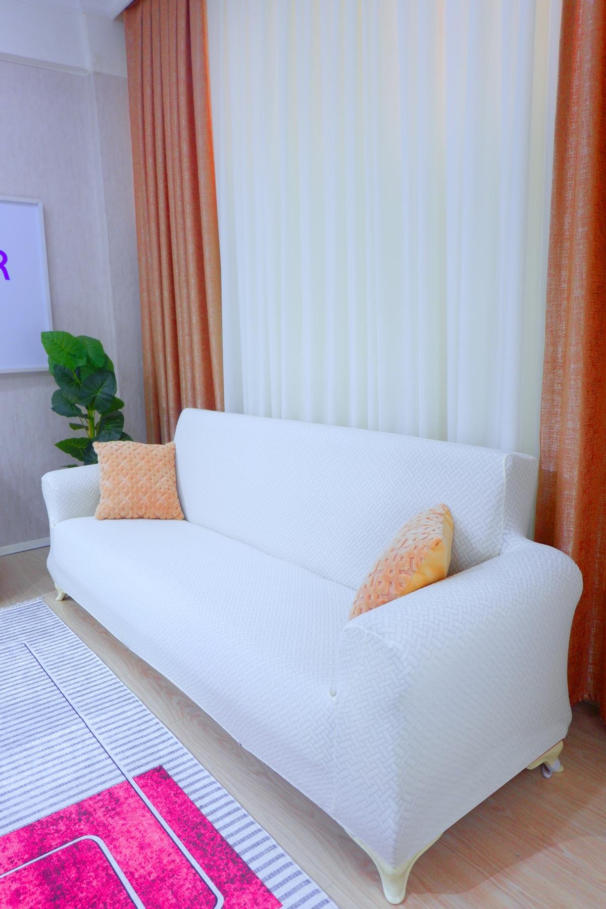 Jakarlı 3'lü Koltuk Örtüsü Hasır Desen - Beyaz