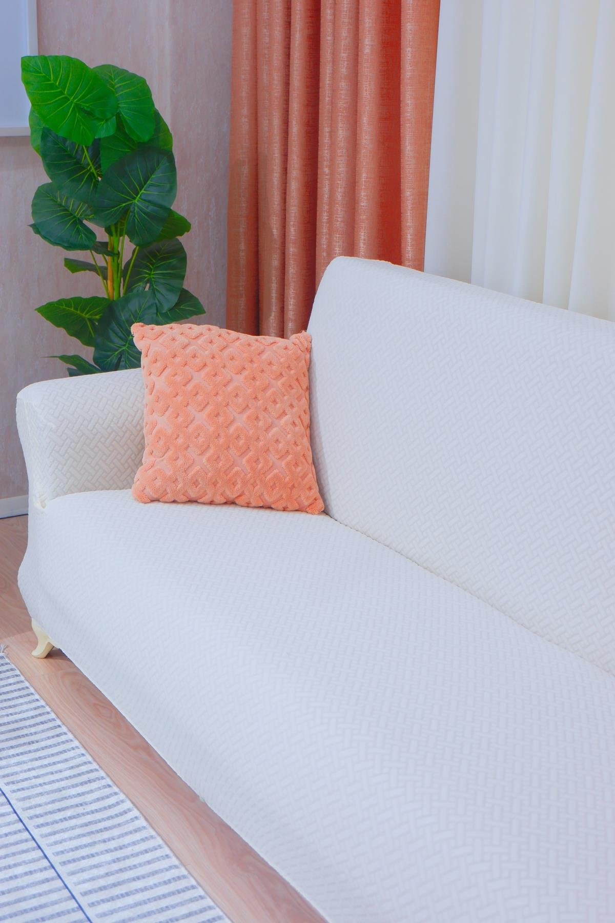 Jakarlı 3'lü Koltuk Örtüsü Hasır Desen - Beyaz