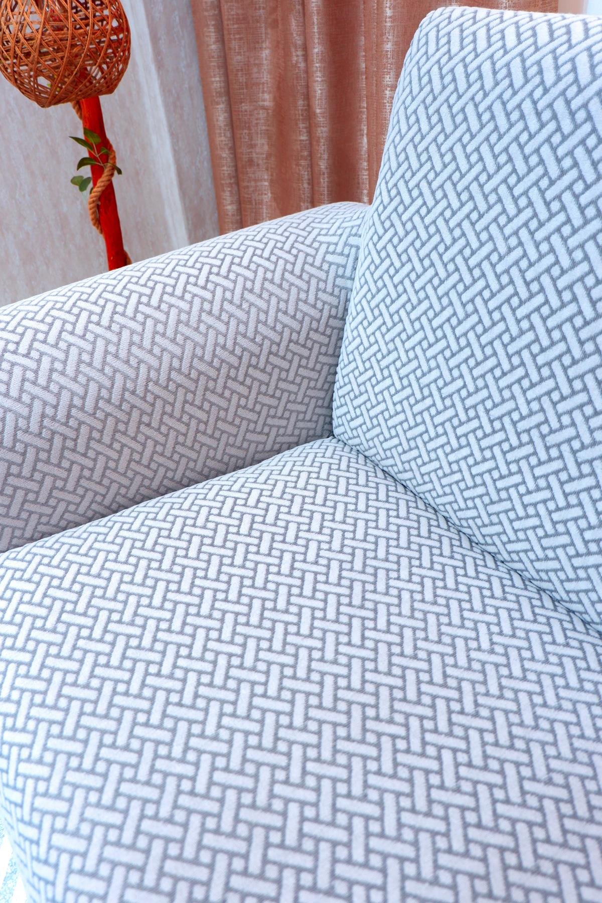 Jakarlı 3'lü Koltuk Örtüsü Hasır Desen - Gri