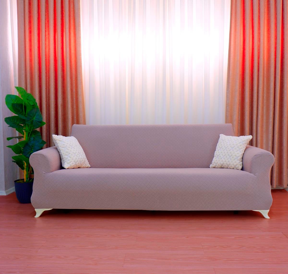 Jakarlı 3'lü Koltuk Örtüsü Sepet Desen - Vizon