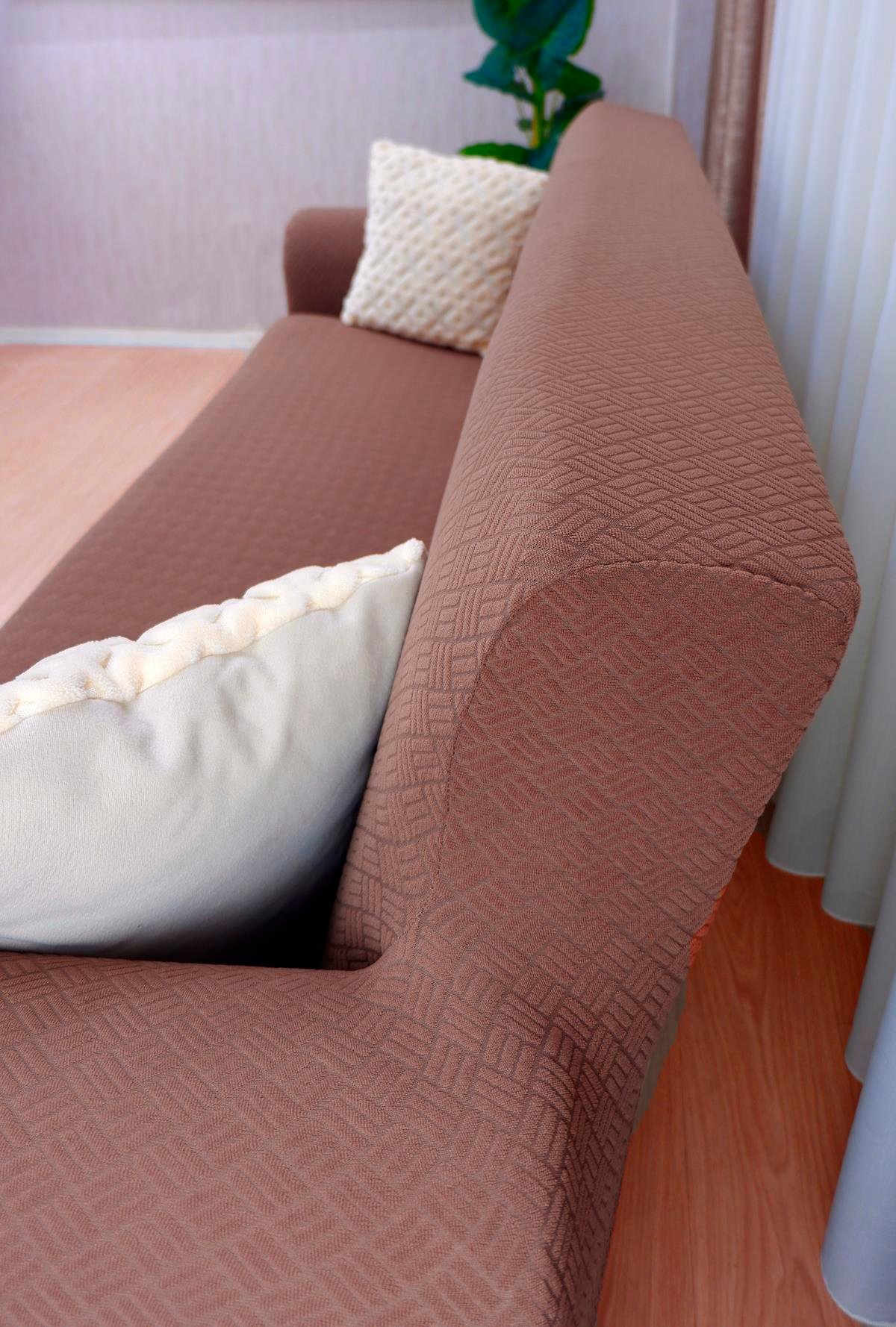 Jakarlı 3'lü Koltuk Örtüsü Sepet Desen - Açık Kahverengi