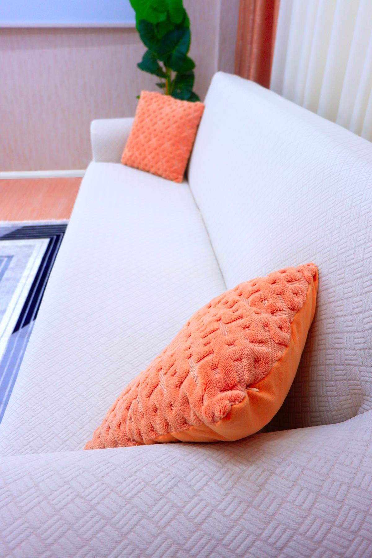 Jakarlı 3'lü Koltuk Örtüsü Sepet Desen - Krem