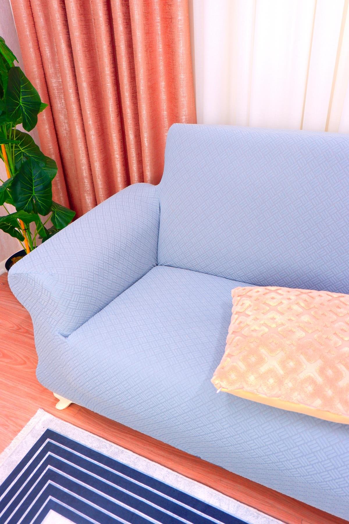 Jakarlı 3'lü Koltuk Örtüsü Sepet Desen - Gri