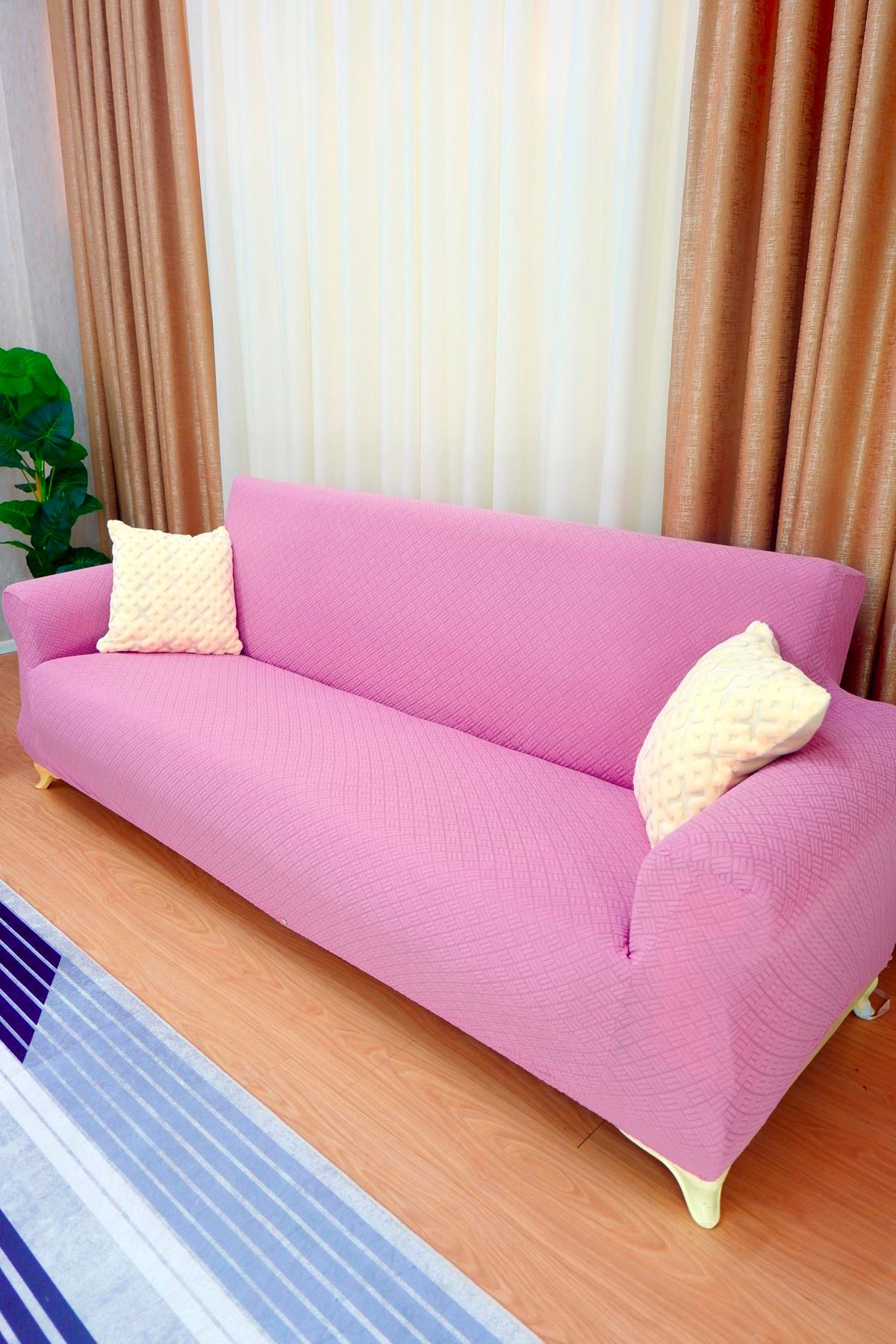 Jakarlı 3'lü Koltuk Örtüsü Sepet Desen - Pembe