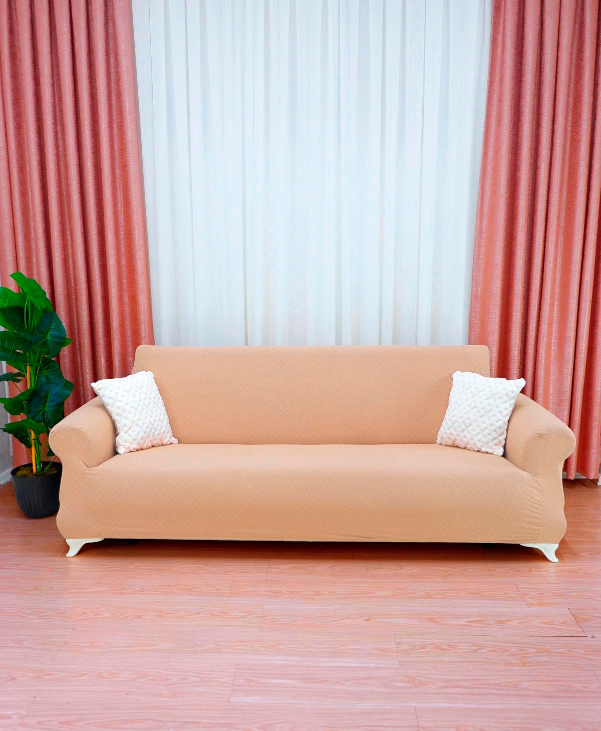 Jakarlı 3'lü Koltuk Örtüsü Sepet Desen - Bej