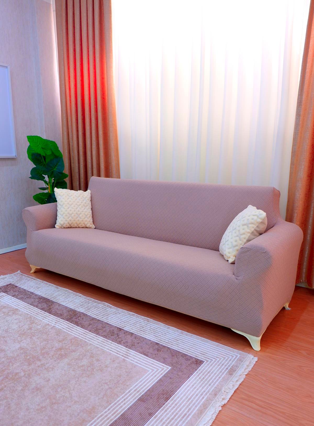 Jakarlı 3'lü Koltuk Örtüsü Sepet Desen - Vizon