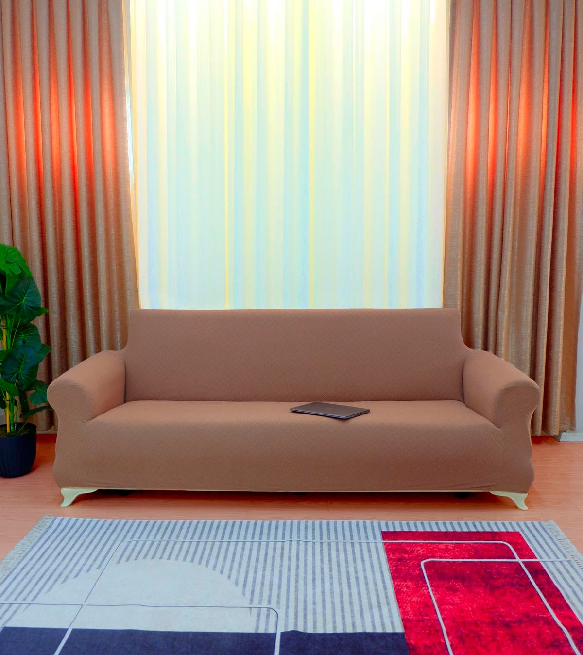 Jakarlı 3'lü Koltuk Örtüsü Sepet Desen - Açık Kahverengi