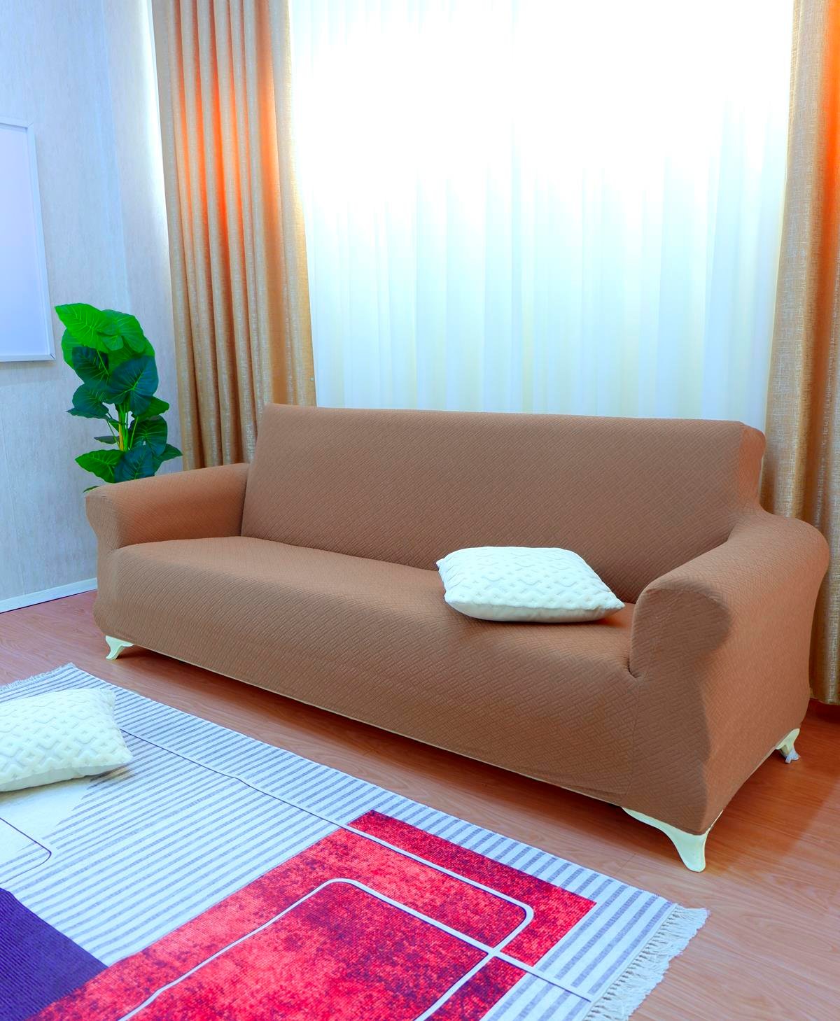 Jakarlı 3'lü Koltuk Örtüsü Sepet Desen - Açık Kahverengi