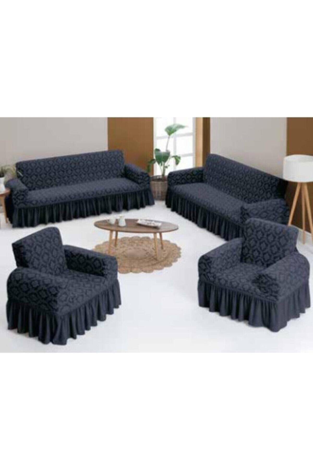 Jakarlı Koltuk Örtüsü Takımı 3+3+1+1 antrasit