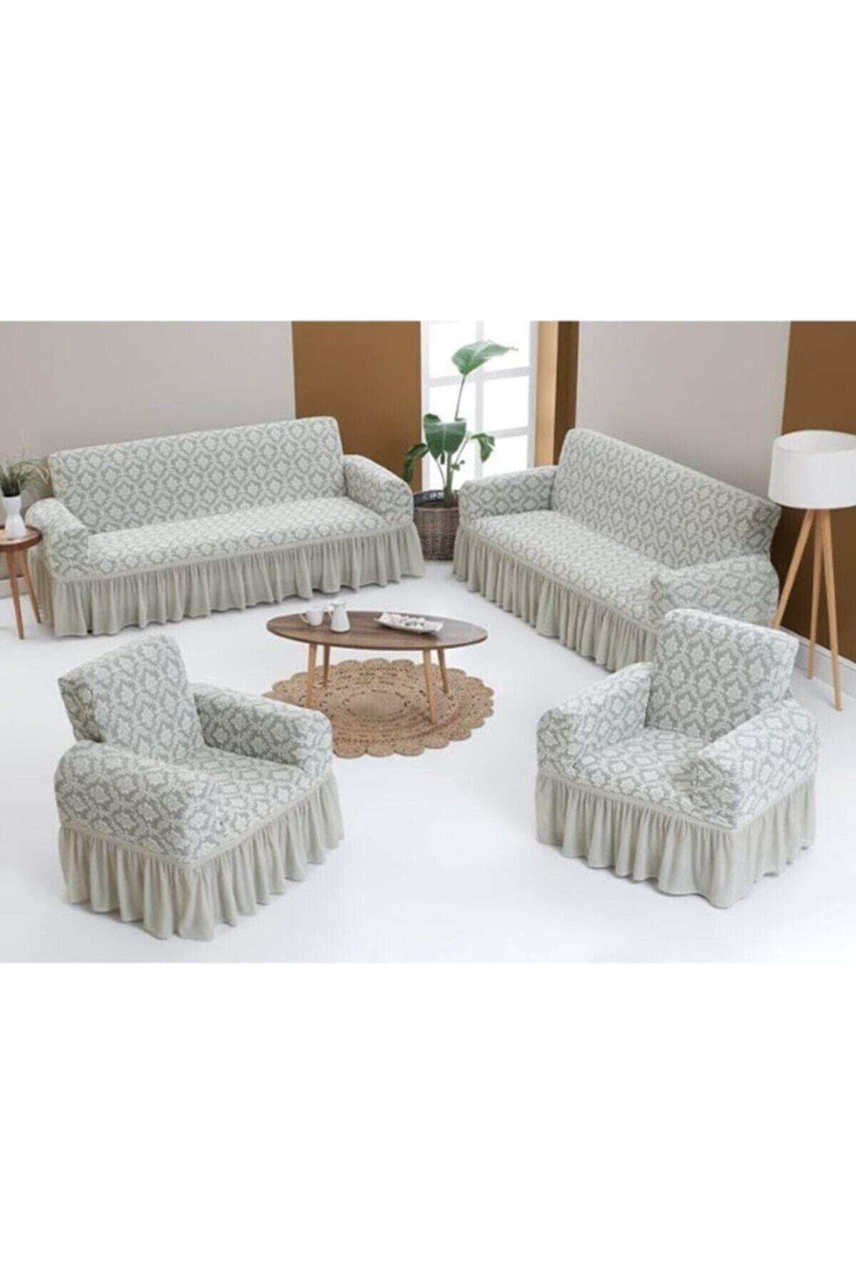 Jakarlı Koltuk Örtüsü Takımı 3+3+1+1 Krem