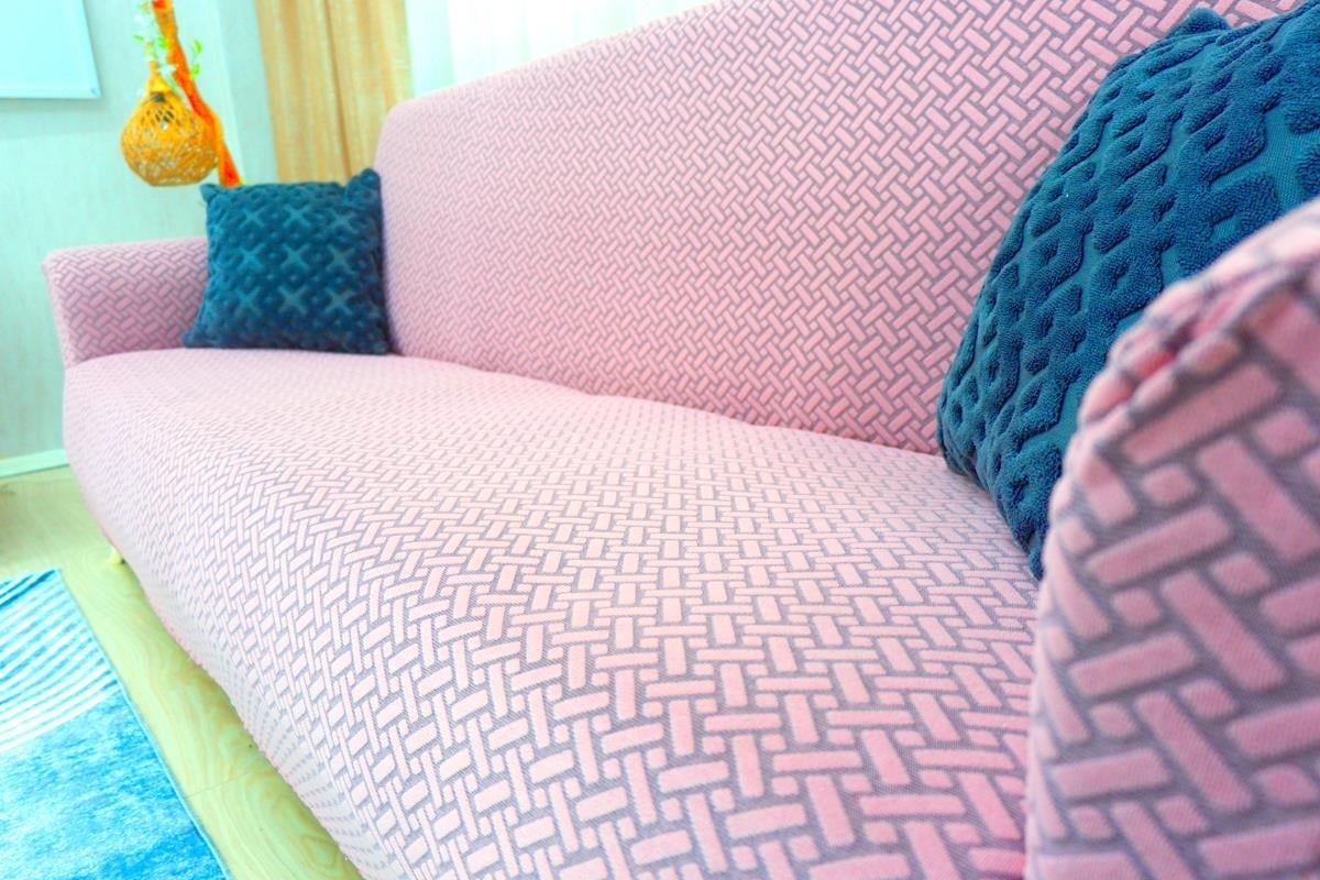 Jakarlı Koltuk Örtüsü Takımı Hasır Desen 3+3+1+1 – Pembe