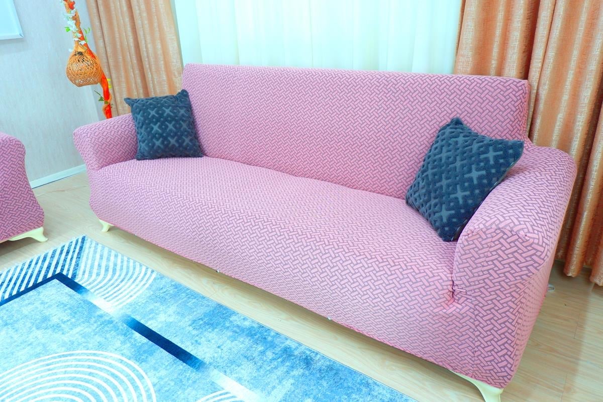Jakarlı Koltuk Örtüsü Takımı Hasır Desen 3+3+1+1 – Pembe