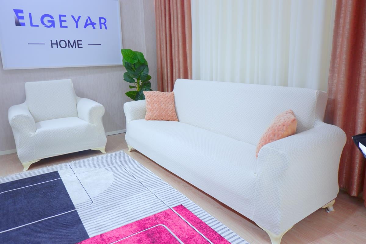 Jakarlı Koltuk Örtüsü Takımı Hasır Desen 3+3+1+1 – Beyaz