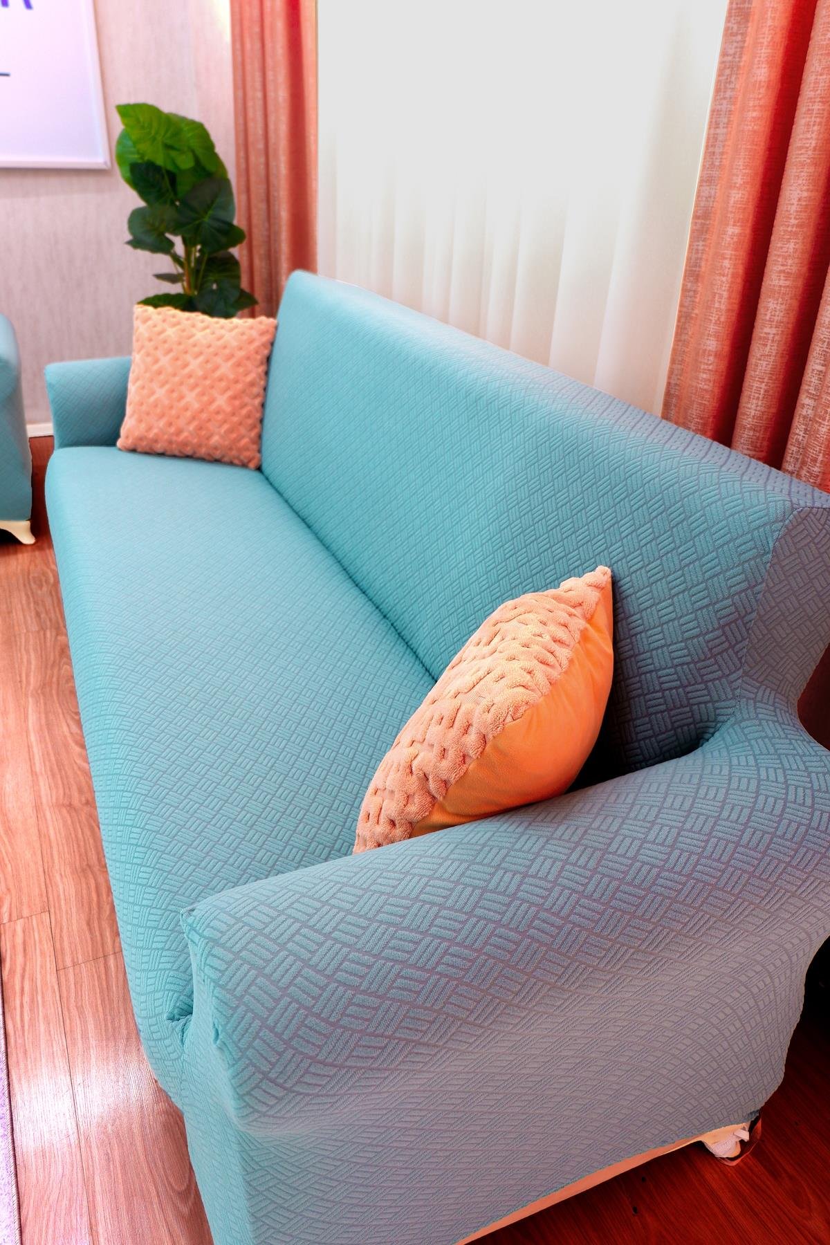 Jakarlı Koltuk Örtüsü Takımı Sepet Desen 3+3+1+1 - Mint