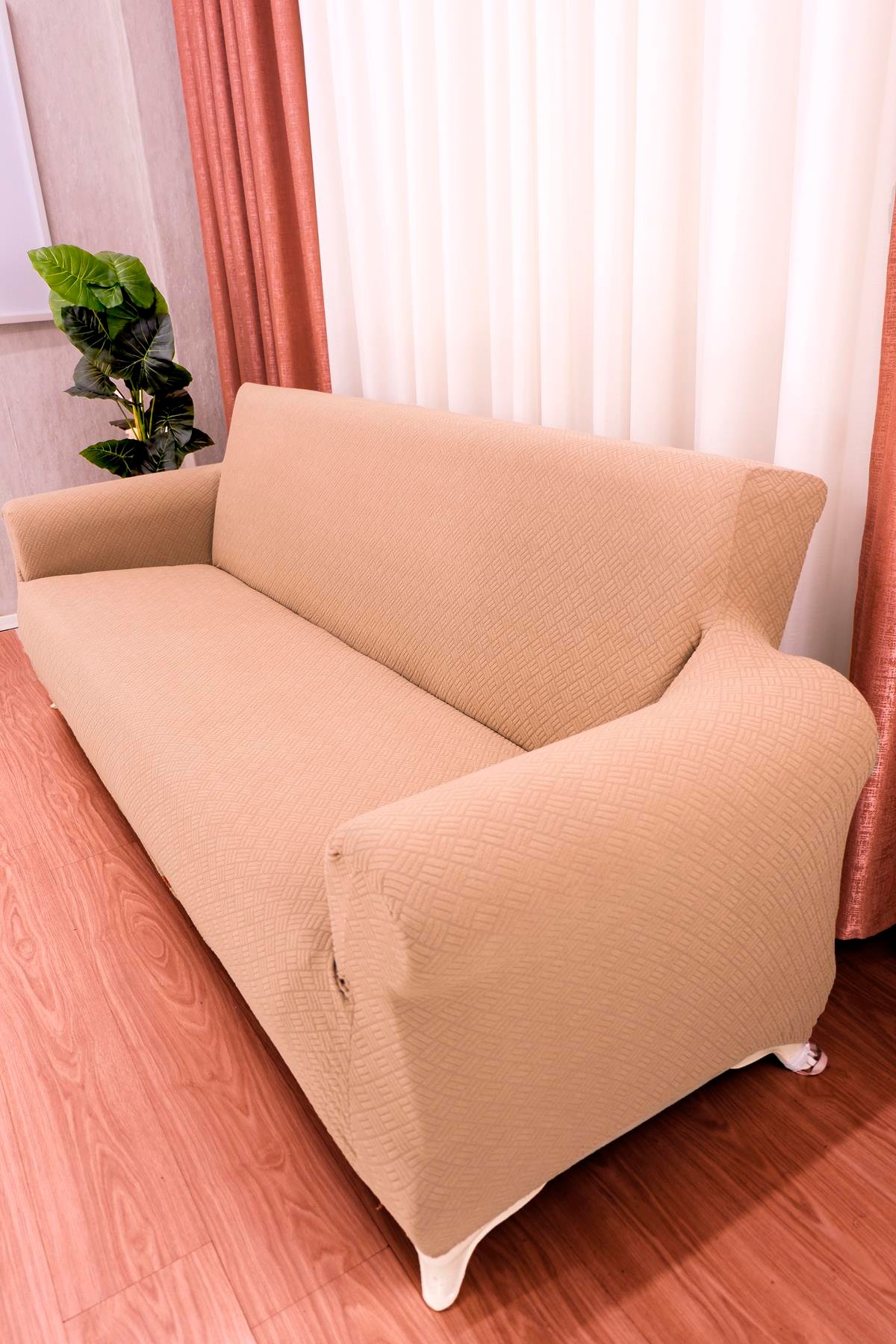 Jakarlı Koltuk Örtüsü Takımı Sepet Desen 3+3+1+1 - Bej