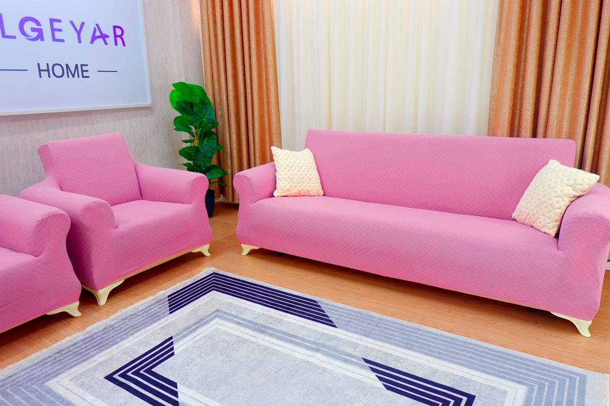 Jakarlı Koltuk Örtüsü Takımı Sepet Desen 3+3+1+1 - Pembe