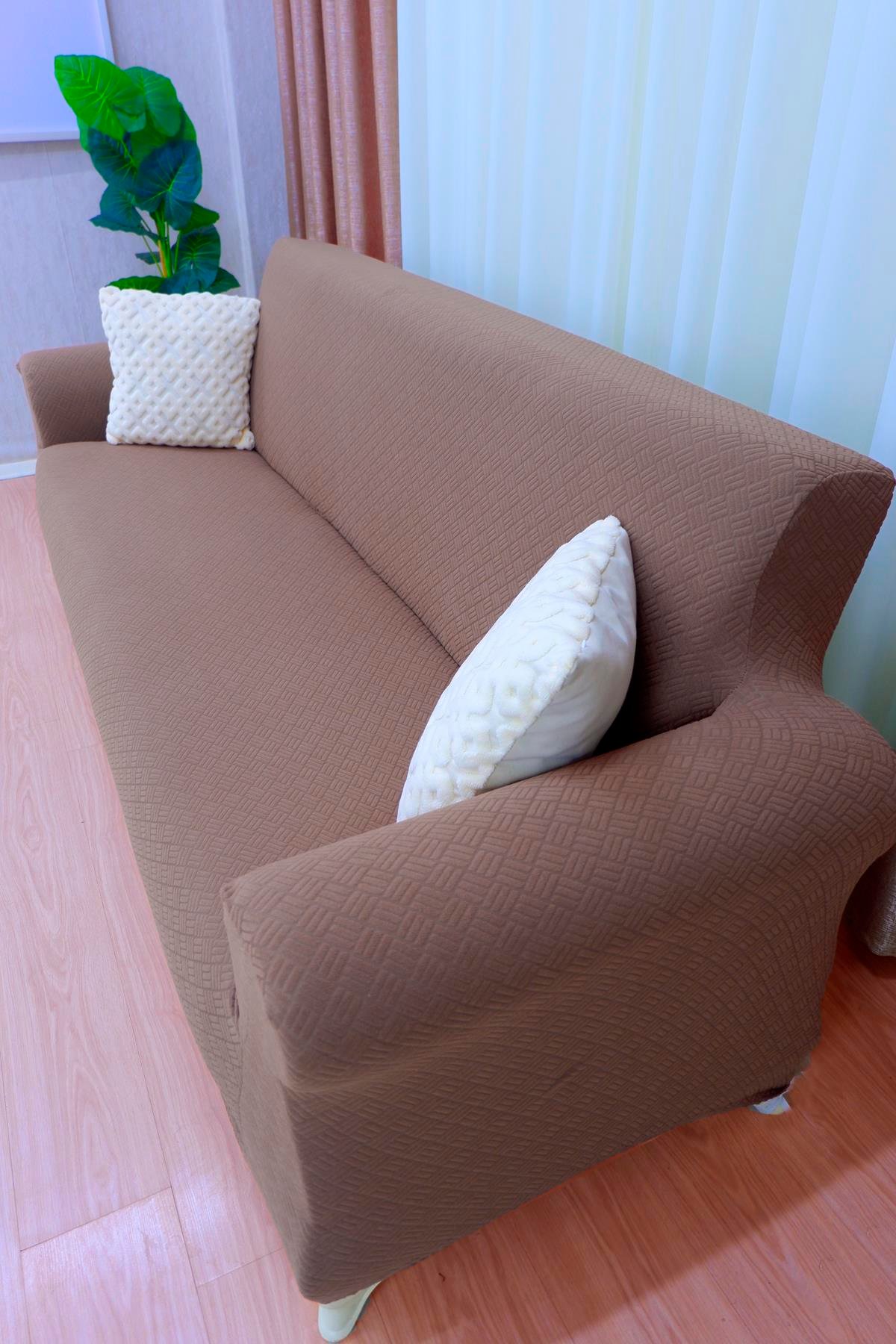 Jakarlı Koltuk Örtüsü Takımı Sepet Desen 3+3+1+1 - Açık Kahverengi