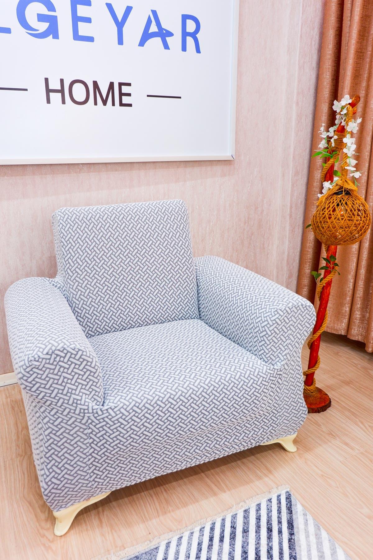 Jakarlı Tekli Koltuk Örtüsü Hasır Desen - Açık Gri