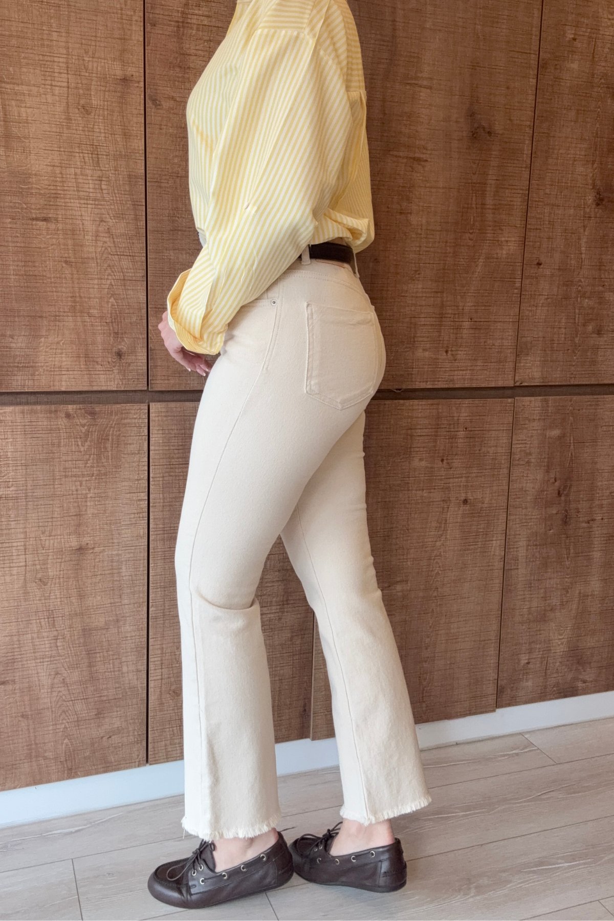 Bej Likralı Flare Jean